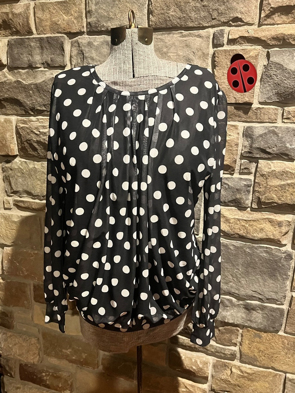 Polka Dot Long-Sleeve Blouse - Black & White XL